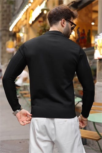 Siyah Polo Yaka Slim Fit Erkek Triko Kazak E7527
