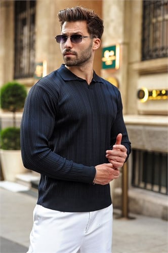 Koyu Lacivert Polo Yaka Desenli Over Fit Erkek Triko Kazak E7517
