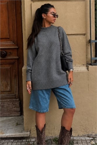 Antrasit Bisiklet Yaka Oversize Uzun Kadın Triko Kazak MG2890