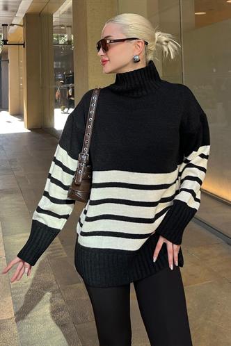 Siyah Oversize Balıkçı Yaka Çizgili Kazak MG2168