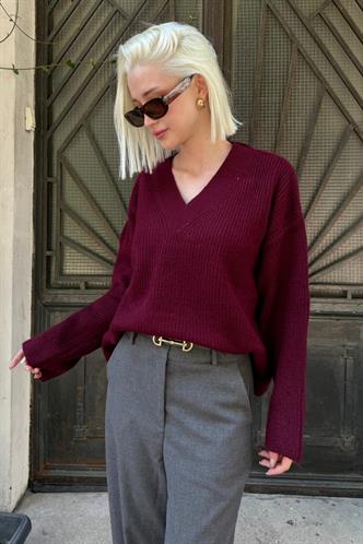 Bordo V Yaka Triko Kadın Kazak Mg2501