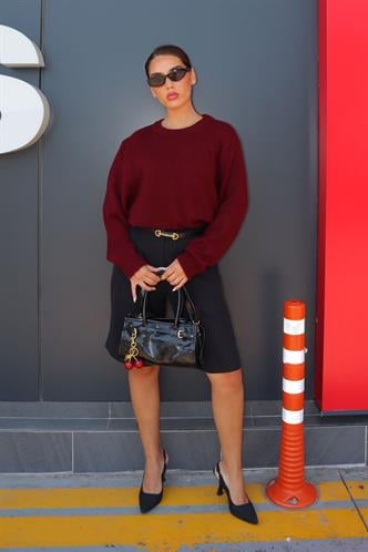 Bordo Bisiklet Yaka Kadın Triko Kazak Mg2494