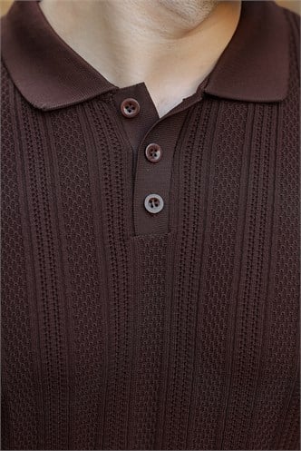 Kahverengi Düğmeli Polo Yaka Desenli Over Fit Erkek Triko Kazak E7520
