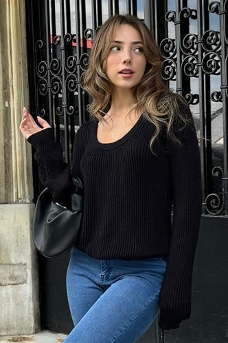 Siyah Bisiklet Yaka Örme Kazak MG2189