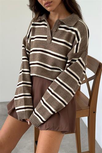 Vizon Polo Yaka Çizgili Kadın Triko Kazak Mg2469