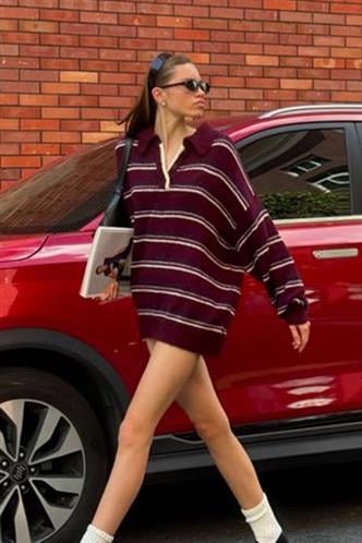 Madmext Bordo Çizgili Düğmeli Polo Yaka Kazak Mg2357