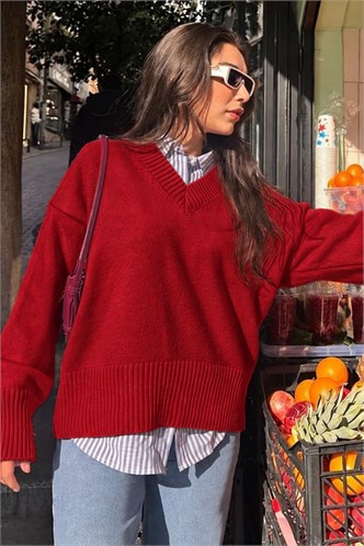 Kırmızı V Yaka Oversize Kadın Triko Kazak MG2149