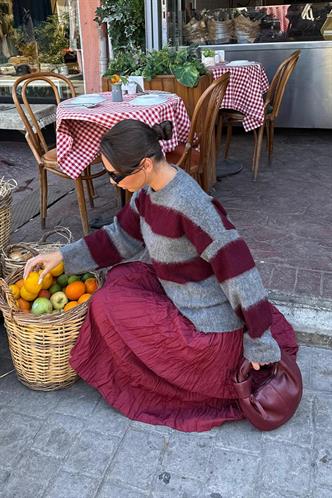 Bordo Bisiklet Yaka Çizgili Triko Kadın Kazak Mg2472