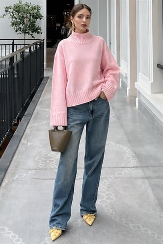 Pembe Boğazlı Kadın Triko Kazak Mg2535
