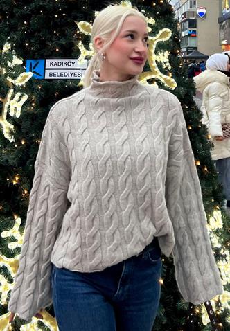 Bej Balıkçı Yaka Örme Triko Kazak MG2172