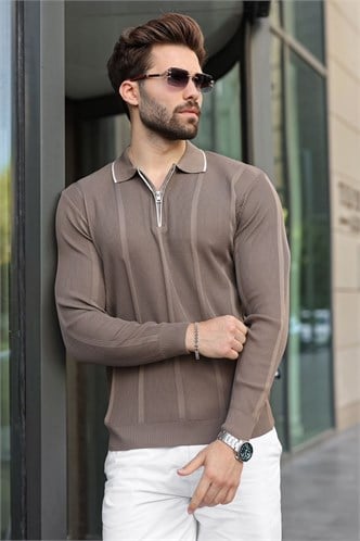 Açık Kahverengi Polo Yaka Yarım Fermuarlı Fitilli Erkek Triko Kazak E7515