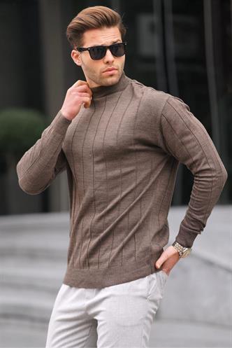 Koyu Kahverengi Slim Fit Yarım Balıkçı Yaka  Çizgili Tüylenmeyen Erkek Triko Kazak 6344