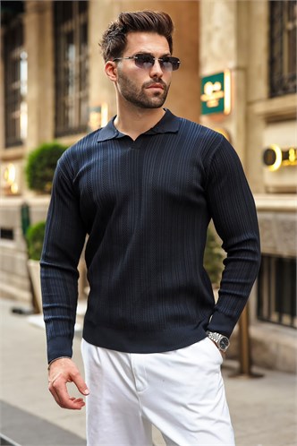 Koyu Lacivert Polo Yaka Desenli Over Fit Erkek Triko Kazak E7517