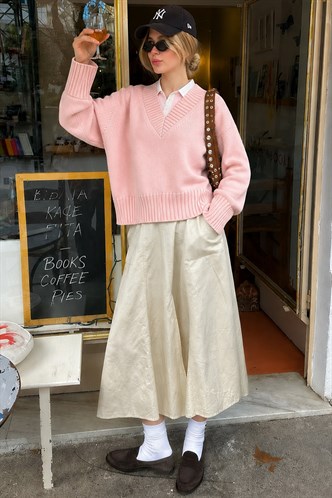 Pembe V Yaka Oversize Kadın Triko Kazak MG2149