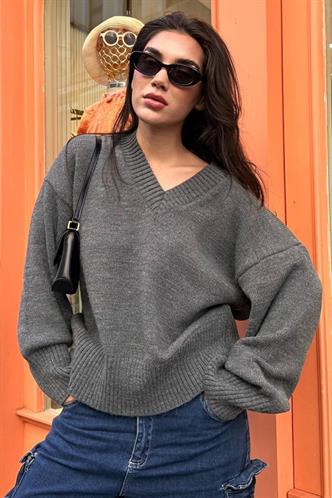 Antrasit V Yaka Oversize Kadın Triko Kazak MG2149
