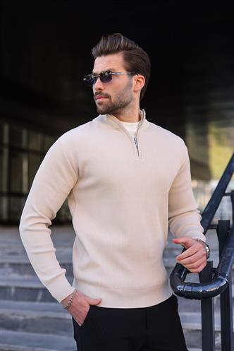 Taş Rengi Yarım Fermuarlı Dik Yaka Erkek Triko Kazak 7442