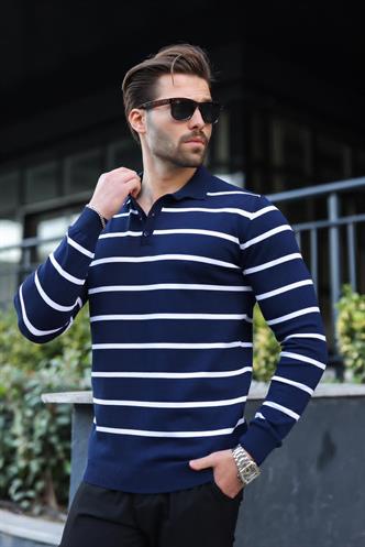 Lacivert Düğmeli Polo Yaka Çizgili Uzun Kollu Kazak 7263
