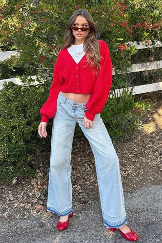 Kırmızı Düğmeli Triko Kazak Hırka MG1990