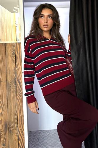 Bordo Çizgili Polo Yaka Düğmeli Kadın Kazak MG2561