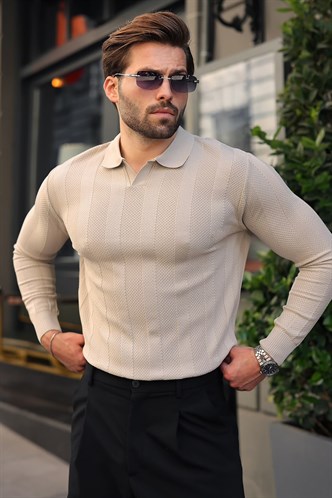 Taş Rengi Regular Fit Polo Yaka Triko Erkek Kazak E7509