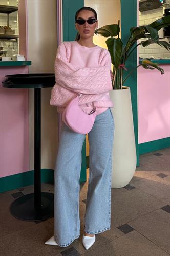 Pembe Bisiklet Yaka Örgü Desen Kadın Triko Kazak MG2601