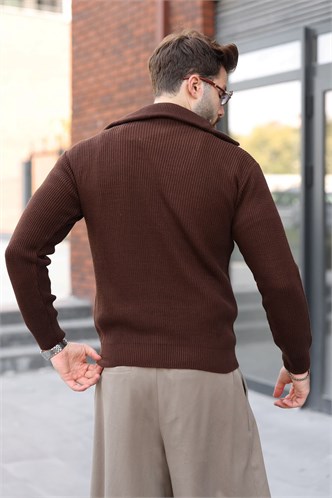Kahverengi Yarım Fermuarlı Balıkçı Yaka Erkek Triko Kazak E7513