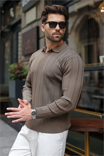 Açık Kahve Polo Yaka Desenli Over Fit Erkek Triko Kazak E7517
