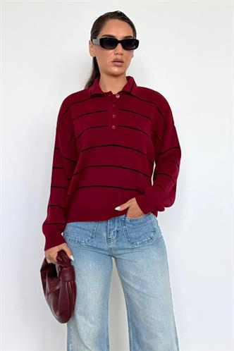 Bordo Çizgili Polo Yaka Kadın Triko Kazak MG2470