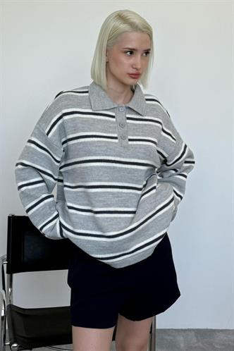 Gri Polo Yaka Çizgili Kadın Triko Kazak Mg2469