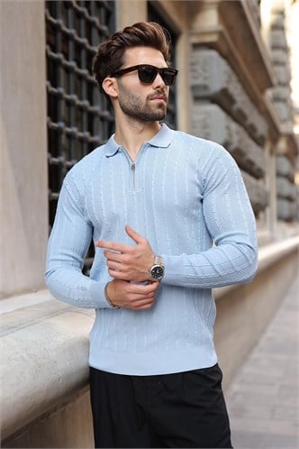 Bebe Mavisi Polo Yaka Örgü Desenli Triko Erkek Kazak E7507