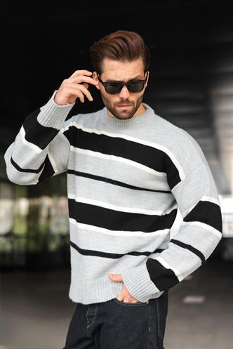 Gri Çizgili Bisiklet Yaka Triko Erkek Kazak E7455