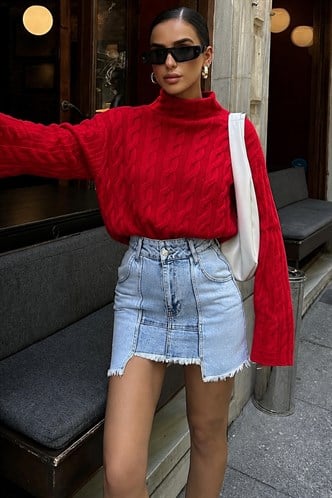 Kırmızı Balıkçı Yaka Örme Triko Kazak MG2172