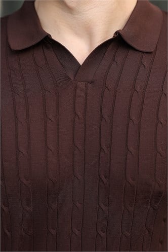 Kahverengi Polo Yaka Saç Örgü Desenli Erkek Triko Kazak E7519