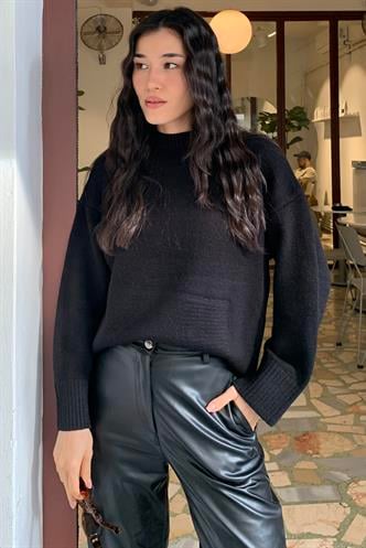 Siyah Bisiklet Yaka Oversize Triko Kazak MG1972