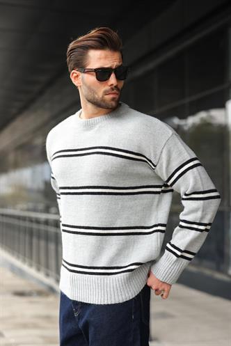 Gri Çizgili Triko Erkek Kazak E7457