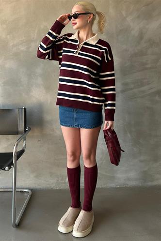 Bordo Çizgili Düğmeli Polo Yaka Kadın Triko Kazak MG2280