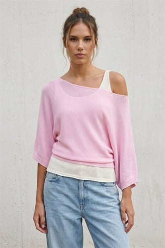 Pembe Geniş Yaka Çift Katlı Triko Kazak Mg2780