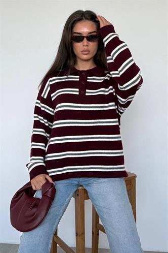 Bordo Polo Yaka Çizgili Kadın Triko Kazak Mg2469
