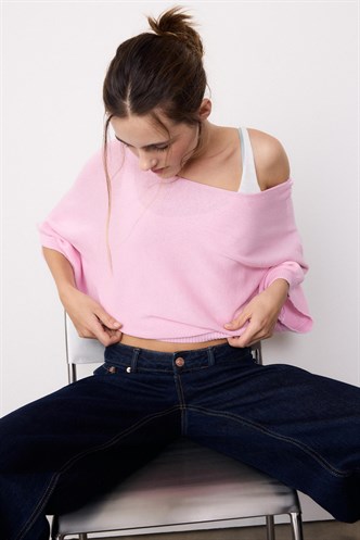 Pembe Geniş Yaka Çift Katlı Triko Kazak Mg2780