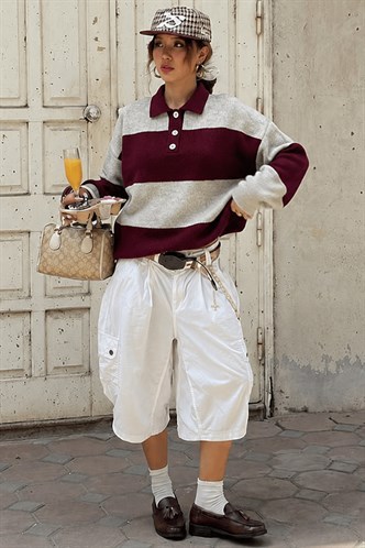 Bordo Düğmeli Polo Yaka Çizgili Kadın Kazak Mg2286