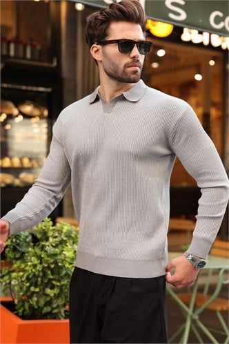 Gri Polo Yaka Dokulu Erkek Triko Kazak E7511