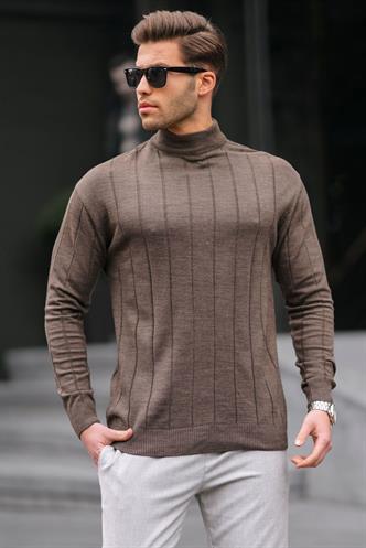 Koyu Kahverengi Slim Fit Yarım Balıkçı Yaka  Çizgili Tüylenmeyen Erkek Triko Kazak 6344