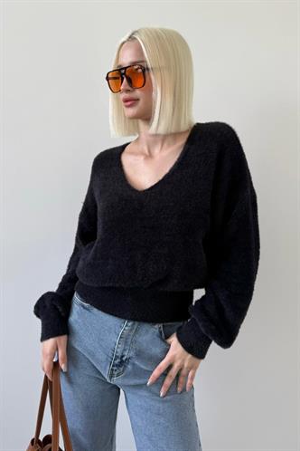 Siyah V Yaka Yumuşak Dokulu Kadın Kazak Mg2499