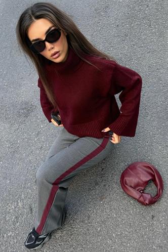 Bordo Boğazlı Kadın Triko Kazak MG2255