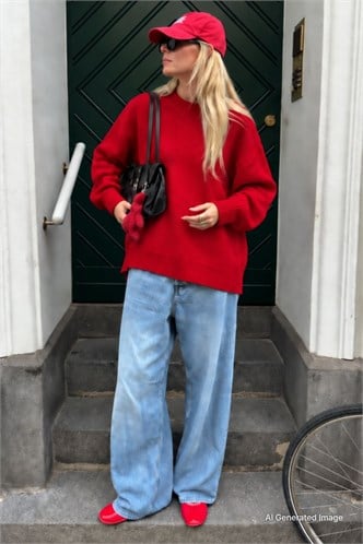 Kırmızı Bisiklet Yaka Oversize Uzun Kadın Triko Kazak MG2890