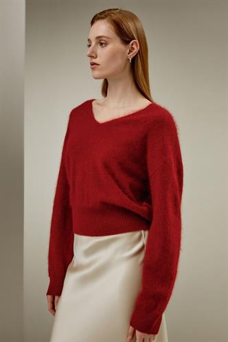 Kırmızı V Yaka Yumuşak Dokulu Kadın Kazak Mg2499