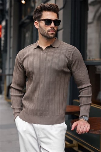 Açık Kahve Polo Yaka Desenli Over Fit Erkek Triko Kazak E7517