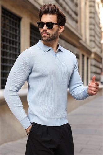 Bebe Mavisi Polo Yaka Dokulu Erkek Triko Kazak E7511