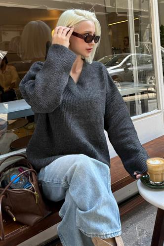 Antrasit V Yaka Triko Kadın Kazak Mg2501