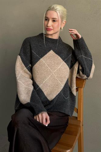 Antrasit Baklava Desenli Bisiklet Yaka Triko Kadın Kazak MG2644